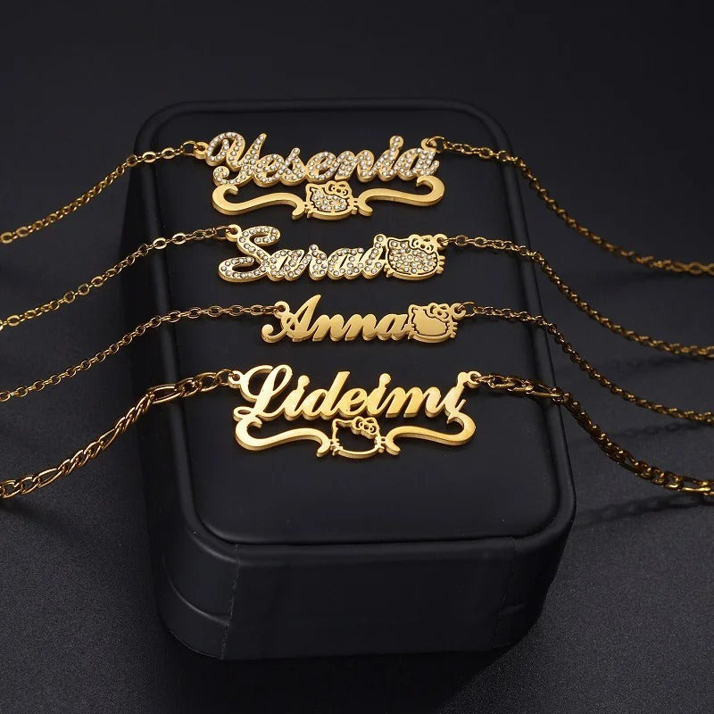 Personalised Gold Stainless Steel Nameplate Necklace with Butterfly & Crystal
