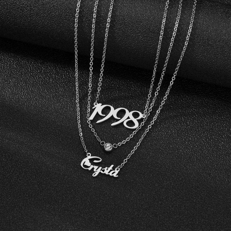 Custom Layered Name & Birth Year Necklace with Birthstone – Personalised Gold Pendant Set (90s/Y2K Inspired Jewelry)