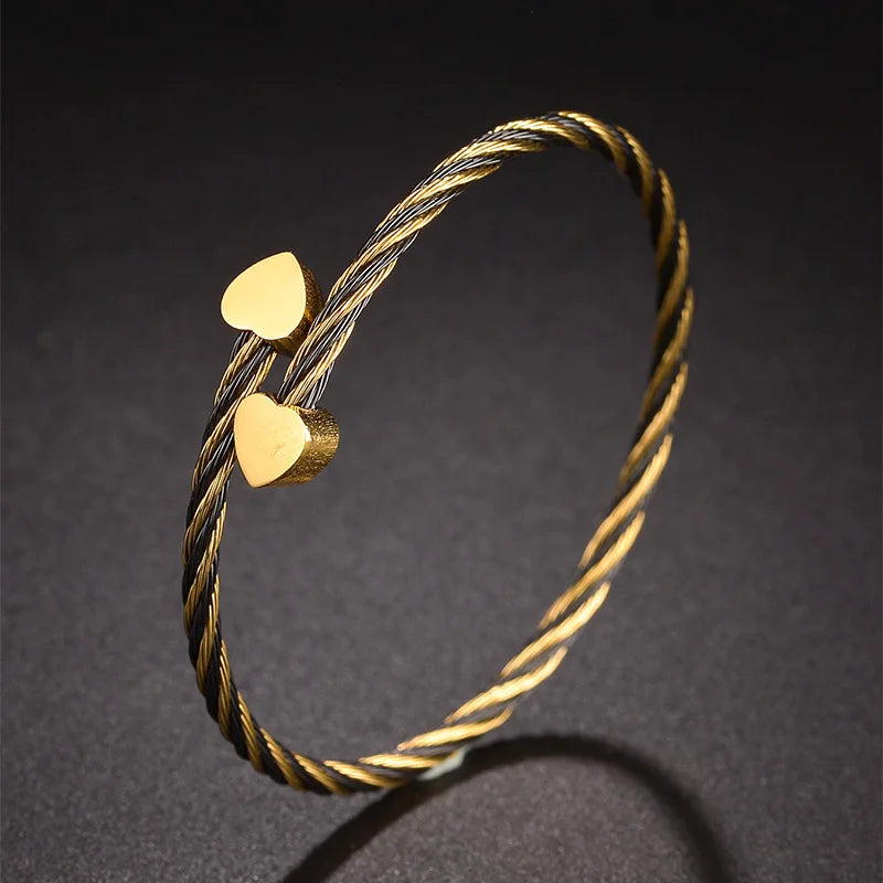 Fashion Stainless Steel Heart Bangle For Women Gold Color With Black Twist Bracelets Girl Jewelry Party Gift - Lunelle London
