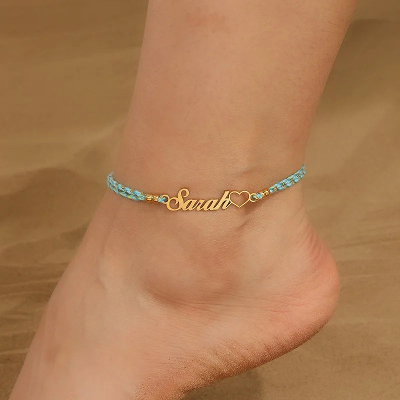 Personalised Braided Name Anklet – Custom Rope Chain Anklet with Name Plate