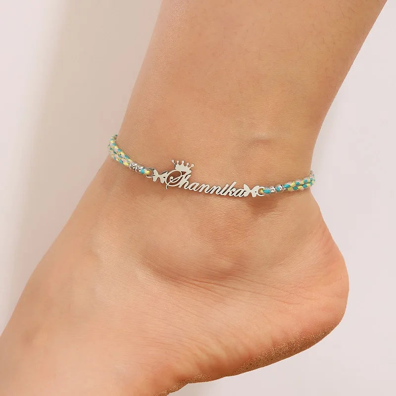 Personalised Braided Name Anklet – Custom Rope Chain Anklet with Name Plate