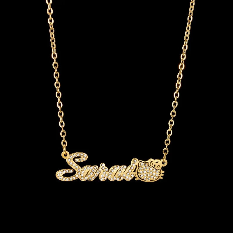 Personalised Gold Stainless Steel Nameplate Necklace with Butterfly & Crystal