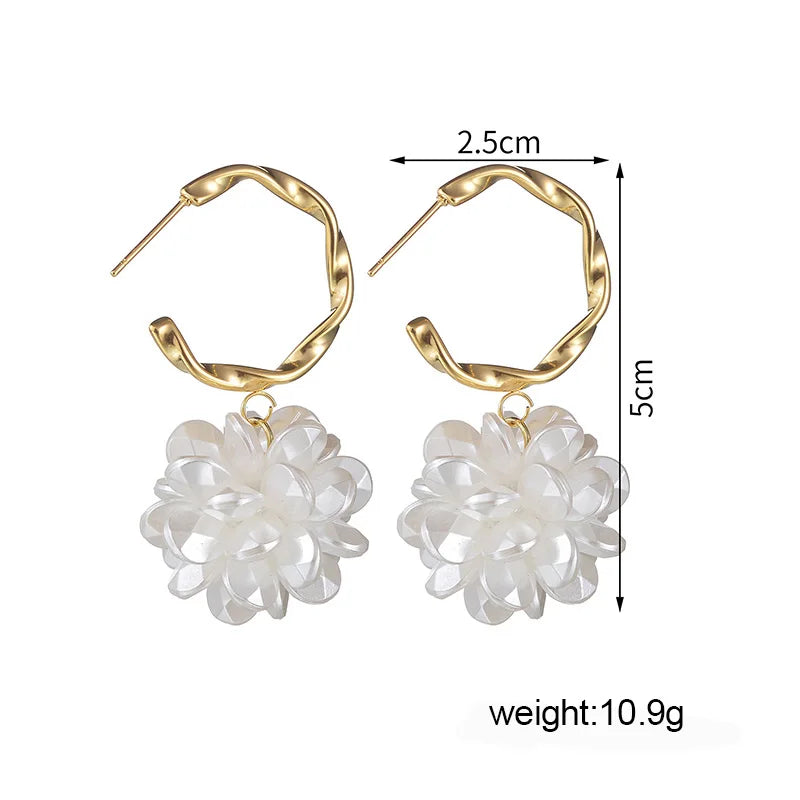 Gold Twisted Hoop Flower Earrings – Classic White Petal Drop Earring - Lunelle London