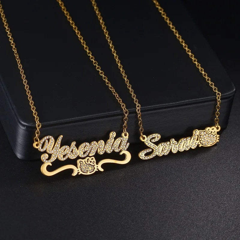 Personalised Gold Stainless Steel Nameplate Necklace with Butterfly & Crystal