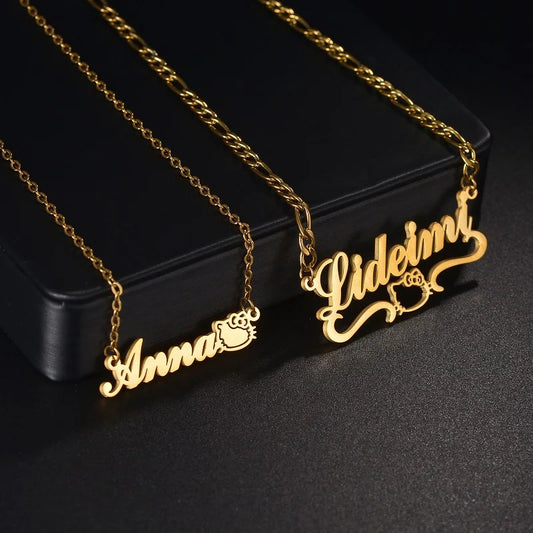 Personalised Gold Stainless Steel Nameplate Necklace with Butterfly & Crystal
