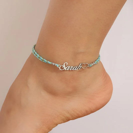 Personalised Braided Name Anklet – Custom Rope Chain Anklet with Name Plate