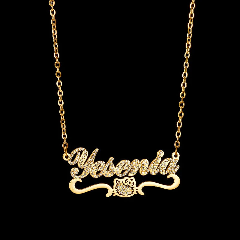 Personalised Gold Stainless Steel Nameplate Necklace with Butterfly & Crystal