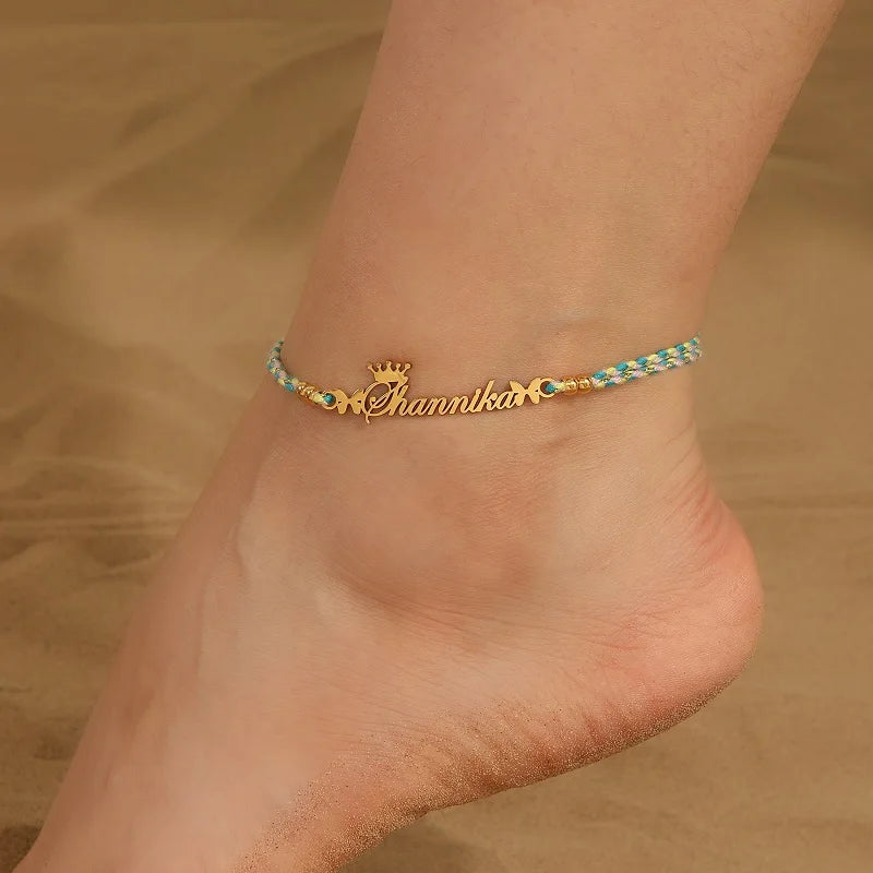 Personalised Braided Name Anklet – Custom Rope Chain Anklet with Name Plate