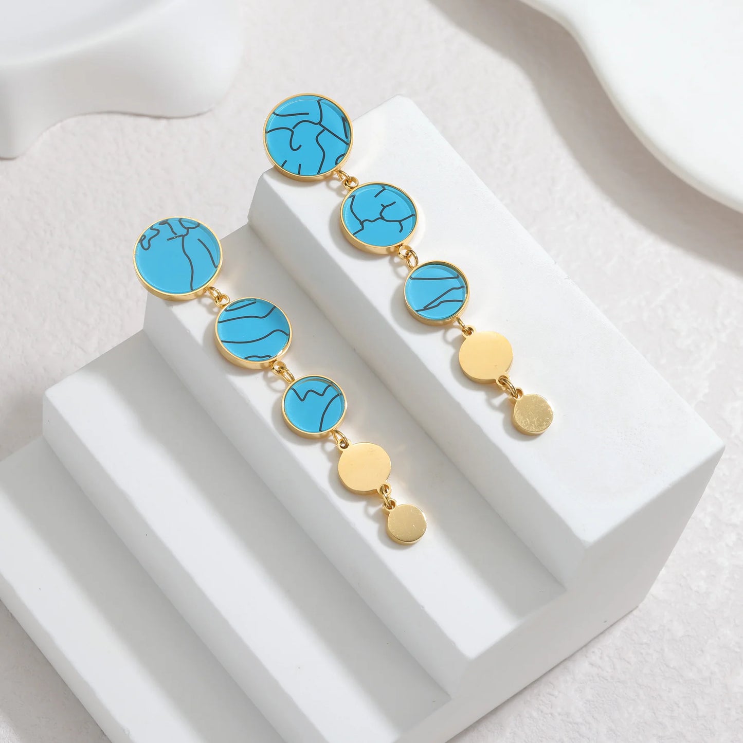 Gold Geometric Round Drop Earrings - Resin & Enamel Disc Dangle Earrings - Lunelle London