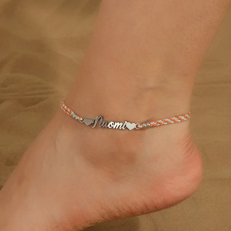 Personalised Braided Name Anklet – Custom Rope Chain Anklet with Name Plate