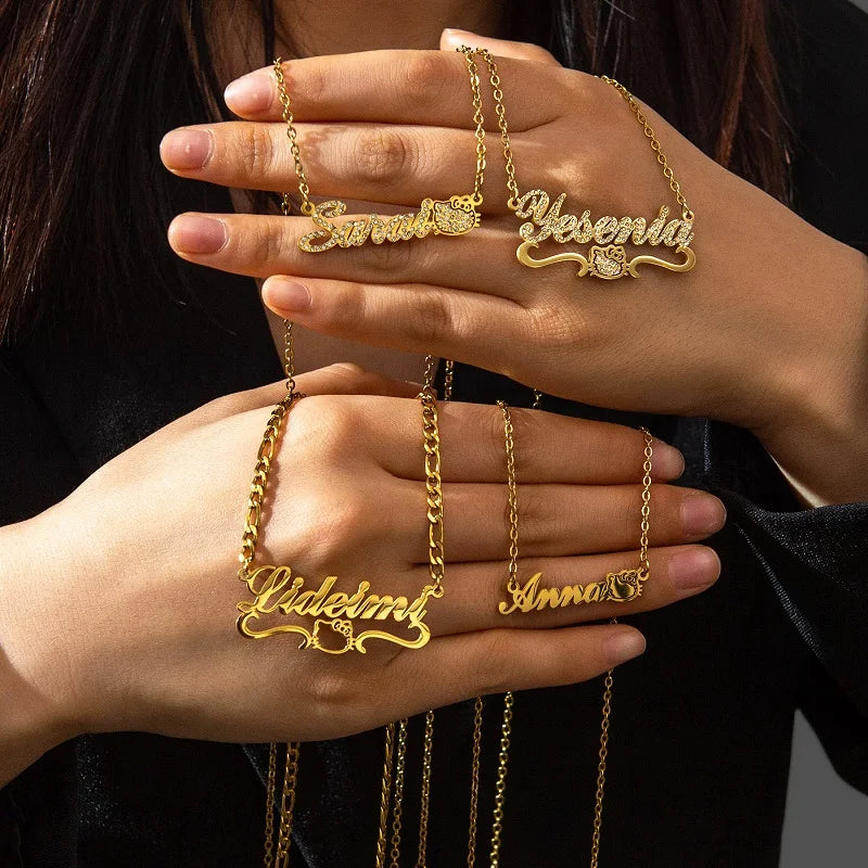 Personalised Gold Stainless Steel Nameplate Necklace with Butterfly & Crystal