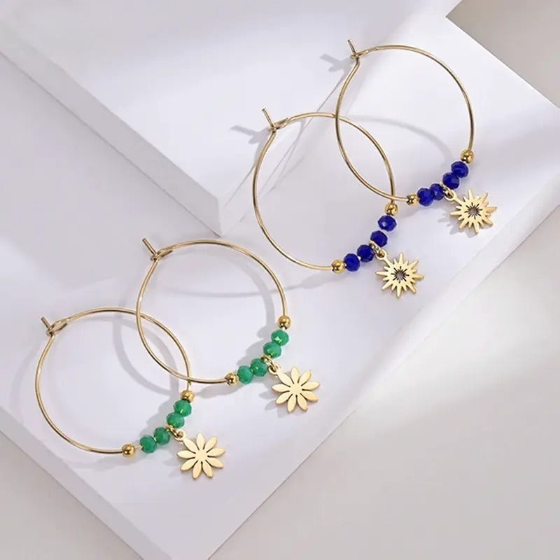 Gold Beaded Flower Charm Hoop Earrings – Elegant Sunflower Dangle Hoops - Lunelle London