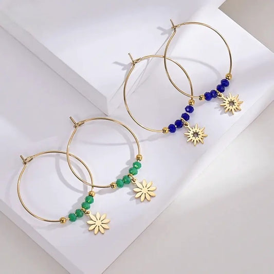 Gold Beaded Flower Charm Hoop Earrings – Elegant Sunflower Dangle Hoops - Lunelle London
