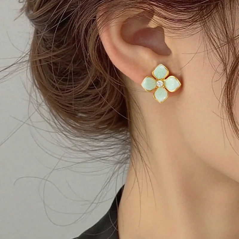 Gold Enamel Flower Stud Earrings - Petal Earrings with Crystal Center - Lunelle London