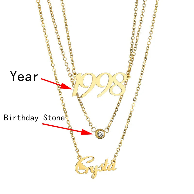 Custom Layered Name & Birth Year Necklace with Birthstone – Personalised Gold Pendant Set (90s/Y2K Inspired Jewelry)
