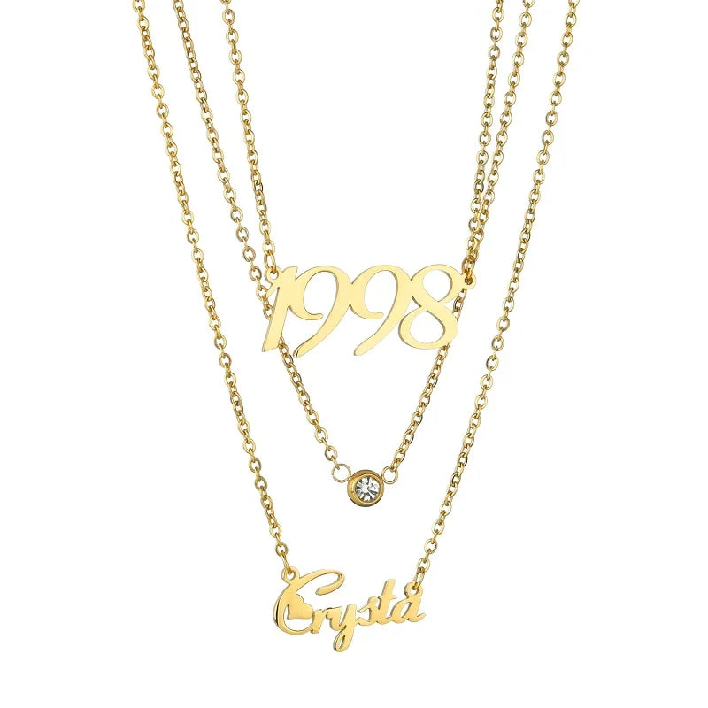 Custom Layered Name & Birth Year Necklace with Birthstone – Personalised Gold Pendant Set (90s/Y2K Inspired Jewelry)