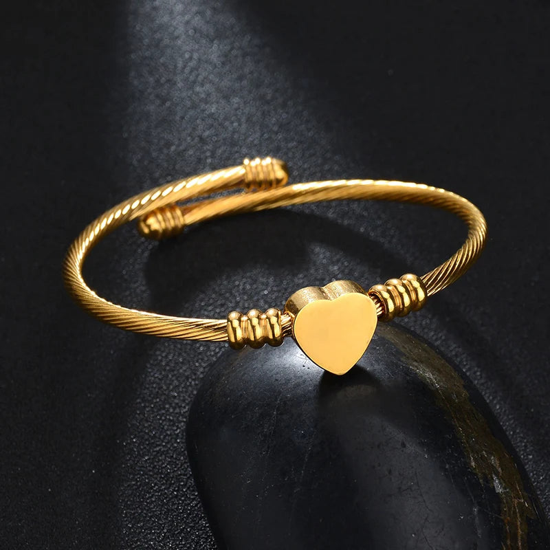 Stainless Steel Heart Bangle Bracelet – Adjustable Gold & Silver Wire Cuff - Lunelle London