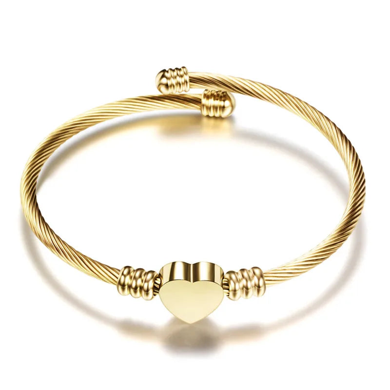 Stainless Steel Heart Bangle Bracelet – Adjustable Gold & Silver Wire Cuff - Lunelle London