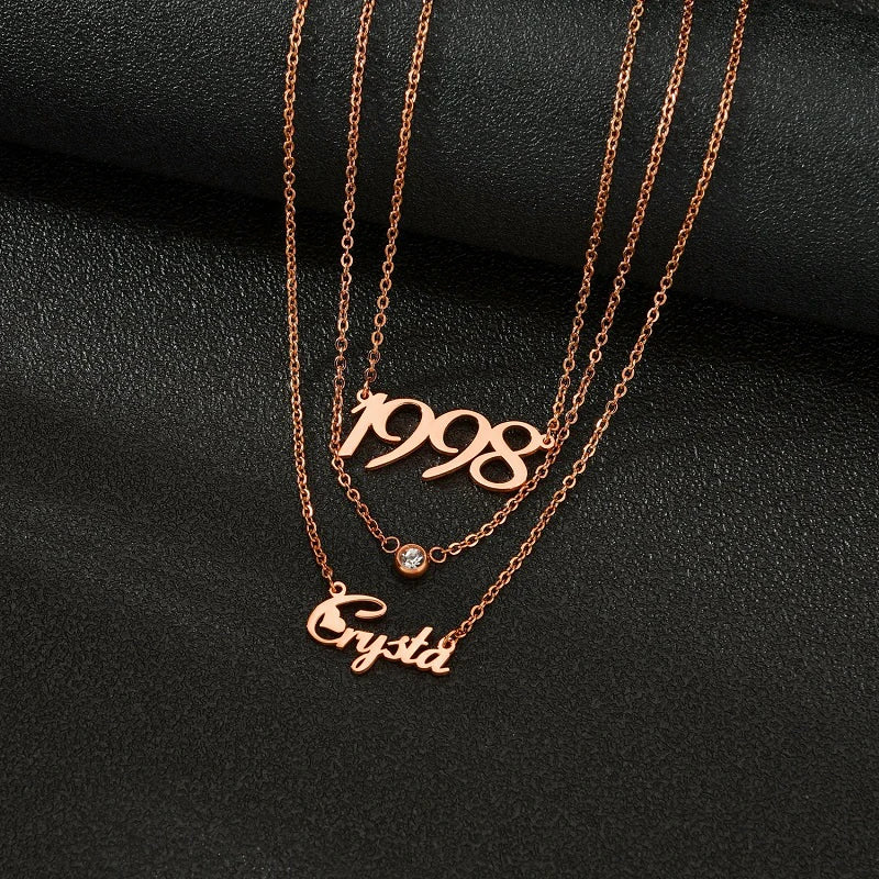 Custom Layered Name & Birth Year Necklace with Birthstone – Personalised Gold Pendant Set (90s/Y2K Inspired Jewelry)