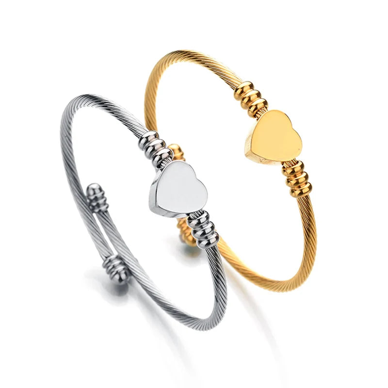 Stainless Steel Heart Bangle Bracelet – Adjustable Gold & Silver Wire Cuff - Lunelle London
