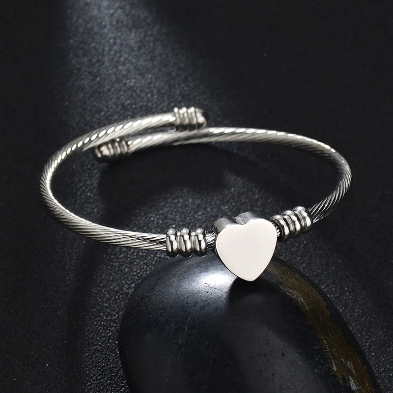 Stainless Steel Heart Bangle Bracelet – Adjustable Gold & Silver Wire Cuff - Lunelle London