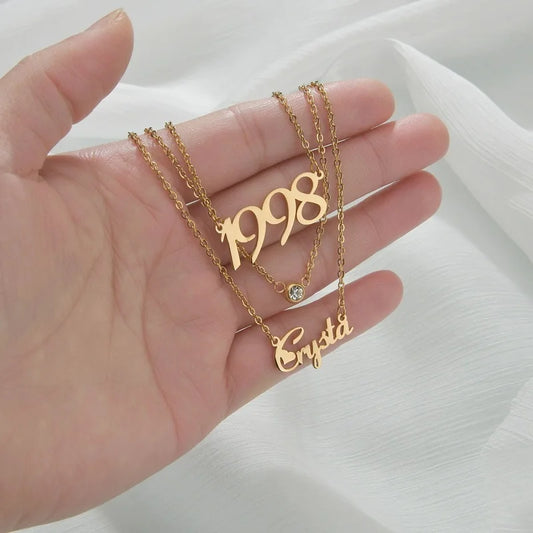 Custom Layered Name & Birth Year Necklace with Birthstone – Personalised Gold Pendant Set (90s/Y2K Inspired Jewelry)