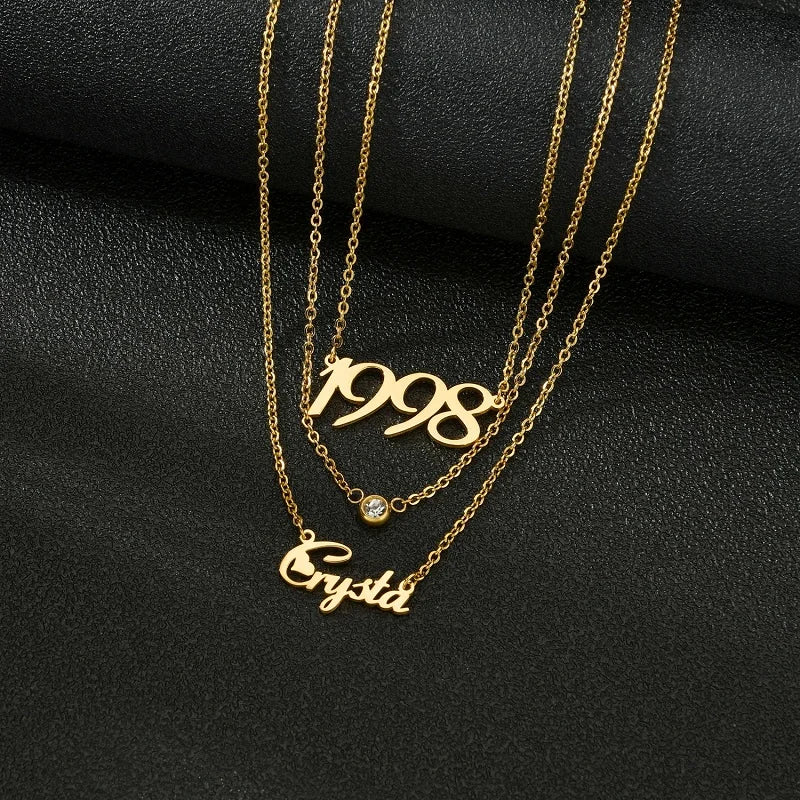 Custom Layered Name & Birth Year Necklace with Birthstone – Personalised Gold Pendant Set (90s/Y2K Inspired Jewelry)