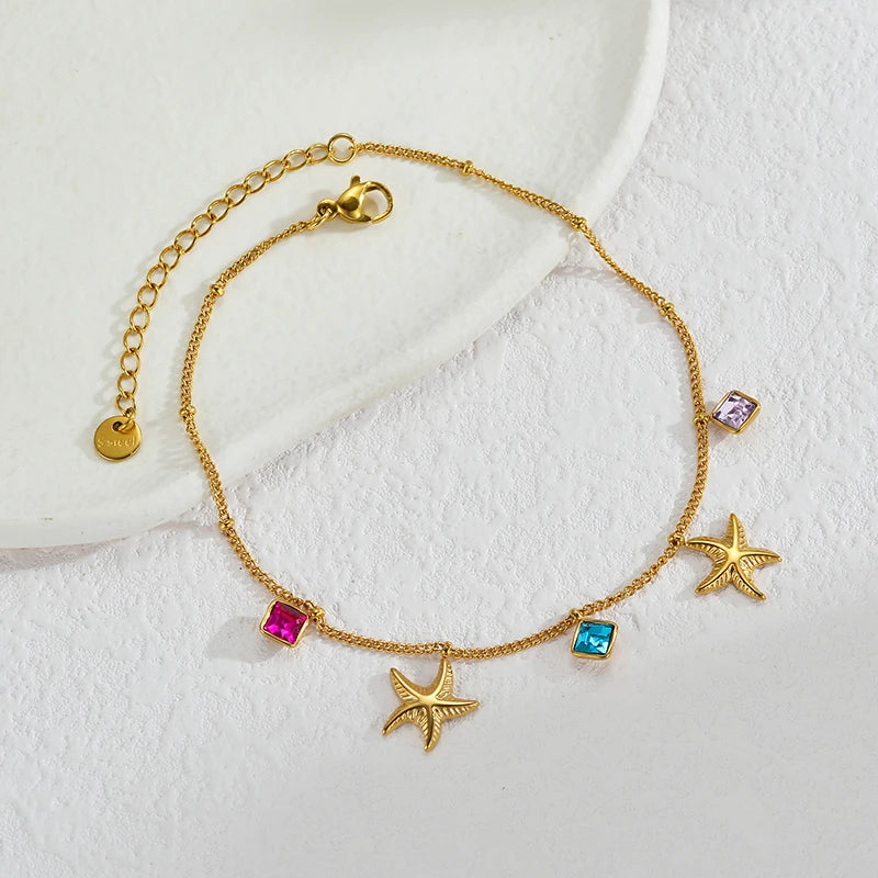 Luxury Gold Charm Anklet – Colorful Crystal, Pearl & Pendant Chain Anklet - Lunelle London