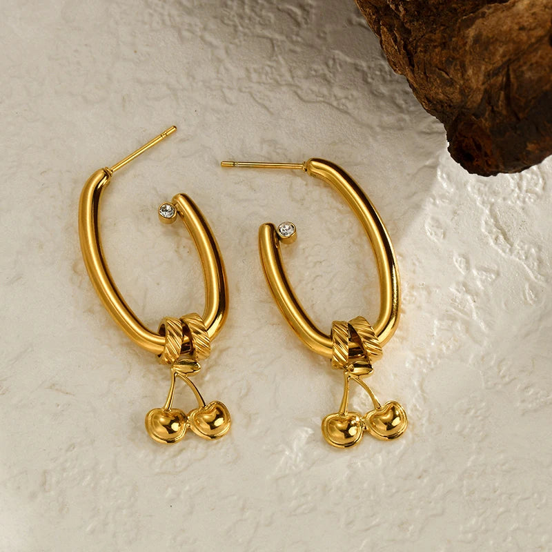 Gold Cherry Hoop Earrings – Luxury Stainless Steel Drop Earrings with Crystal Accent - Lunelle London
