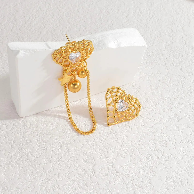 Gold Heart Mesh Drop Earrings with Crystal Center & Chain Dangle - Lunelle London