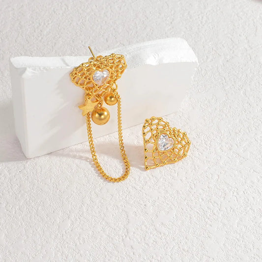 Gold Heart Mesh Drop Earrings with Crystal Center & Chain Dangle - Lunelle London