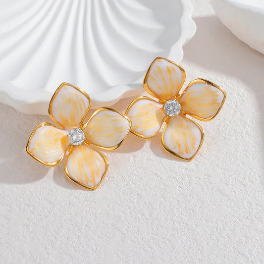 Gold Enamel Flower Stud Earrings - Petal Earrings with Crystal Center - Lunelle London