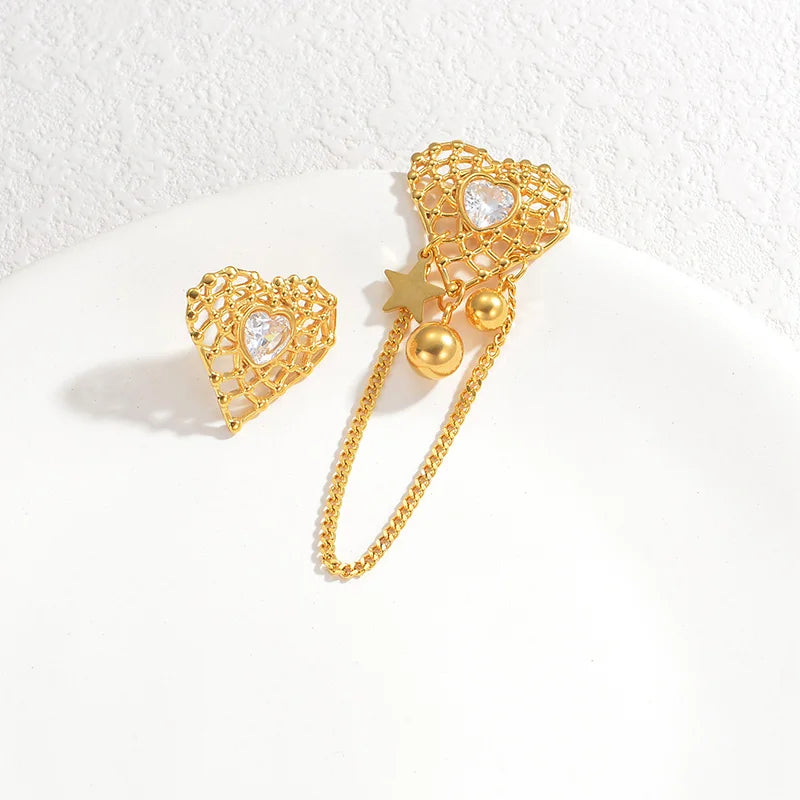 Gold Heart Mesh Drop Earrings with Crystal Center & Chain Dangle - Lunelle London