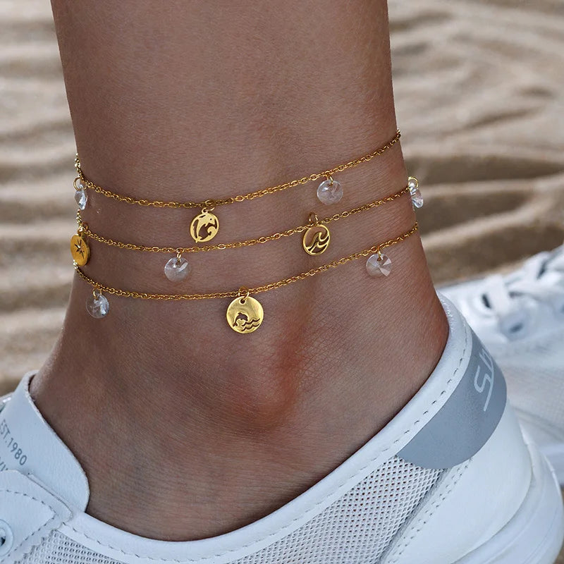 Luxury Gold Charm Anklet – Colorful Crystal, Pearl & Pendant Chain Anklet - Lunelle London