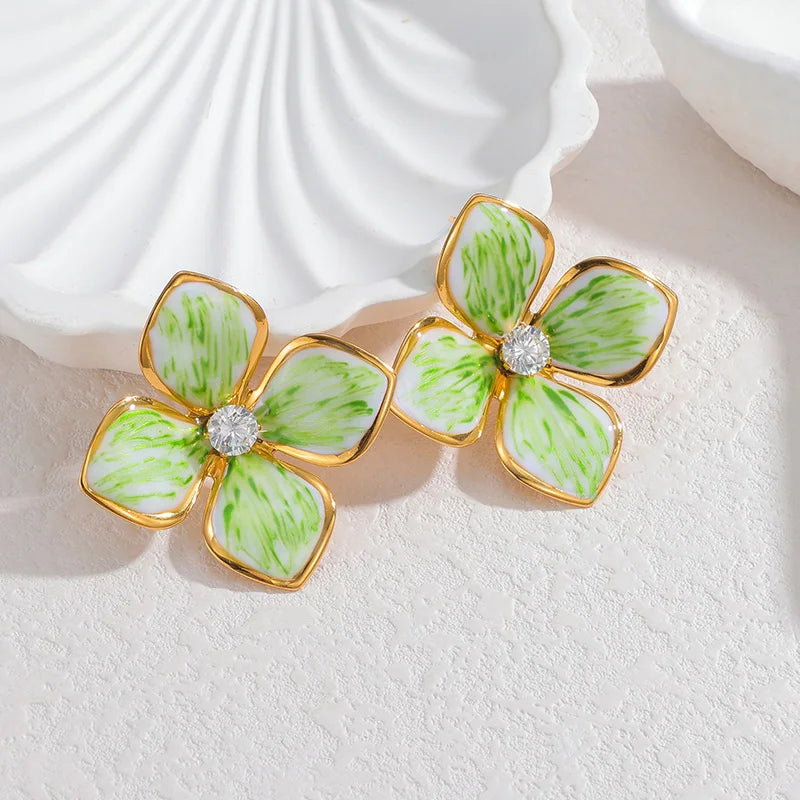 Gold Enamel Flower Stud Earrings - Petal Earrings with Crystal Center - Lunelle London