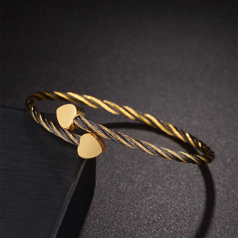 Fashion Stainless Steel Heart Bangle For Women Gold Color With Black Twist Bracelets Girl Jewelry Party Gift - Lunelle London