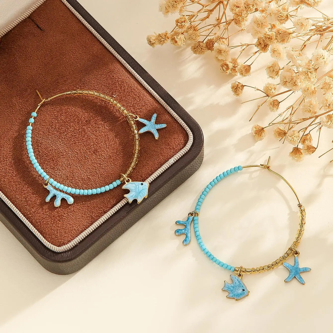 Gold Ocean Charm Hoop Earrings - Lunelle London