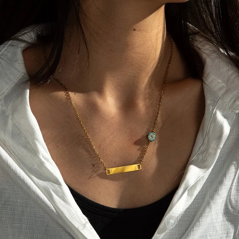 Custom Engraved Bar Necklace with Charm – Personalised Name, Date or Initials