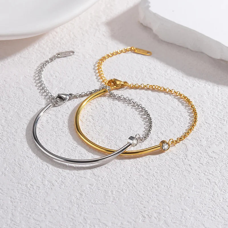 Luxury Stainless Steel Minimalist Bangle Bracelet – Adjustable Gold & Silver Chain Design with Crystal Accent - Lunelle London