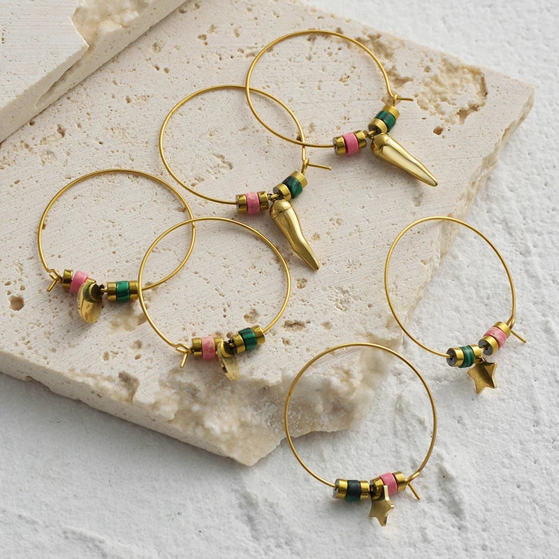 Gold Beaded Charm Hoop Earrings - Lunelle London