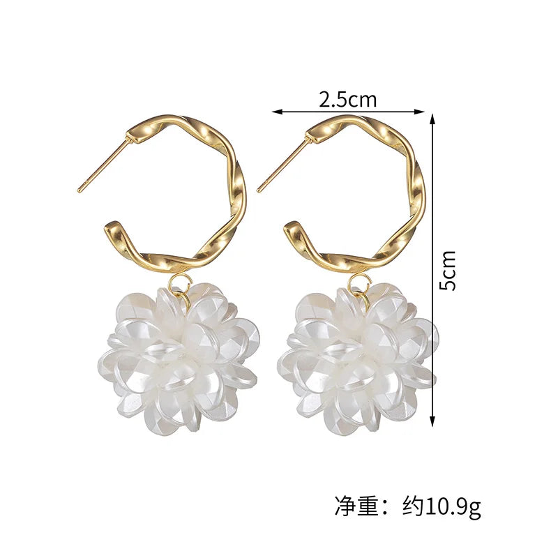 Gold Twisted Hoop Flower Earrings – Classic White Petal Drop Earring - Lunelle London