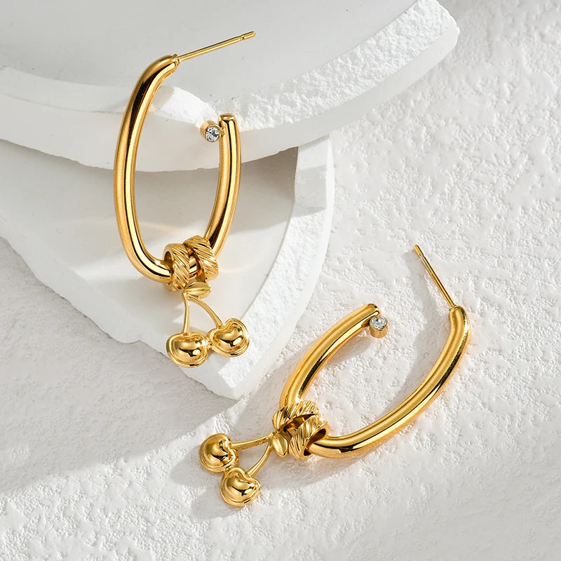Gold Cherry Hoop Earrings – Luxury Stainless Steel Drop Earrings with Crystal Accent - Lunelle London