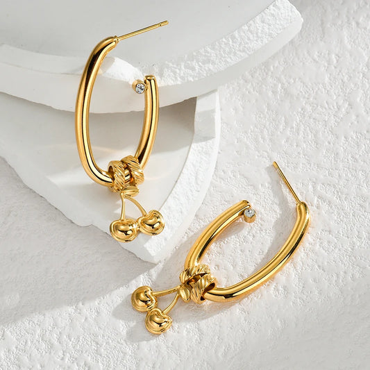 Gold Cherry Hoop Earrings – Luxury Stainless Steel Drop Earrings with Crystal Accent - Lunelle London