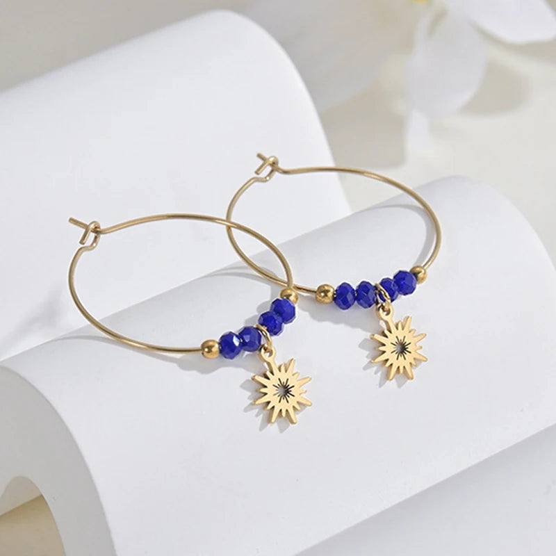 Gold Beaded Flower Charm Hoop Earrings – Elegant Sunflower Dangle Hoops - Lunelle London