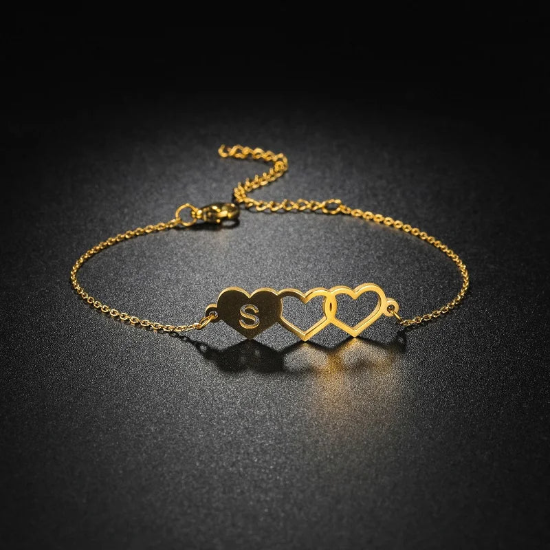 Personalised Triple Heart Initial Anklet – Custom Gold Chain Anklet - Lunelle London