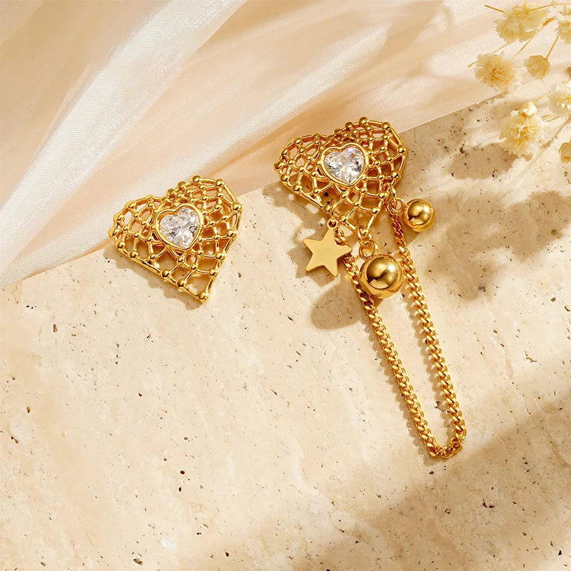 Gold Heart Mesh Drop Earrings with Crystal Center & Chain Dangle - Lunelle London