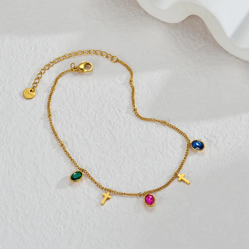 Luxury Gold Charm Anklet – Colorful Crystal, Pearl & Pendant Chain Anklet - Lunelle London