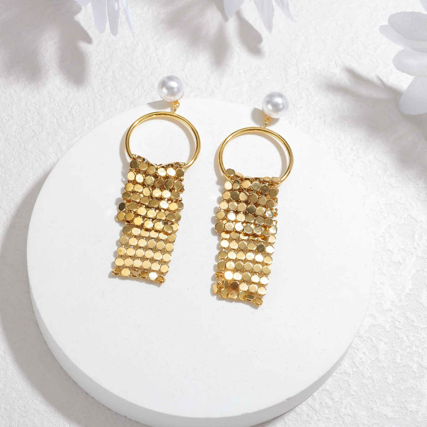 Elegant Pearl Mesh Tassel Earrings - Gold & Silver Long Drop Statement Earring - Lunelle London