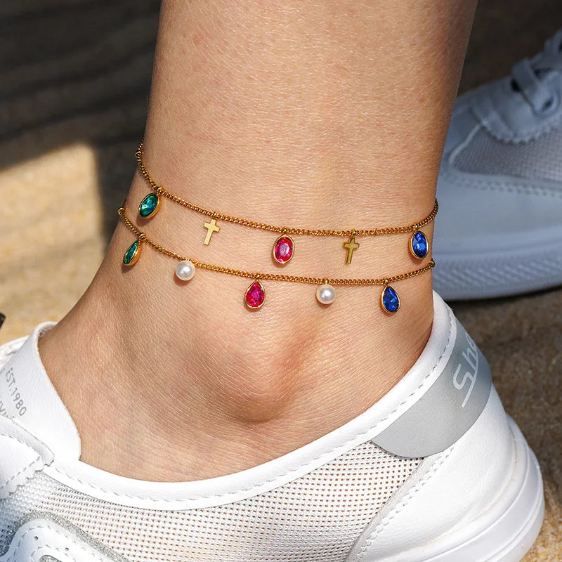 Luxury Gold Charm Anklet – Colorful Crystal, Pearl & Pendant Chain Anklet - Lunelle London