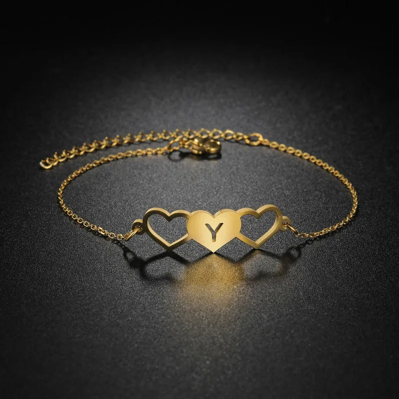 Personalised Triple Heart Initial Anklet – Custom Gold Chain Anklet - Lunelle London